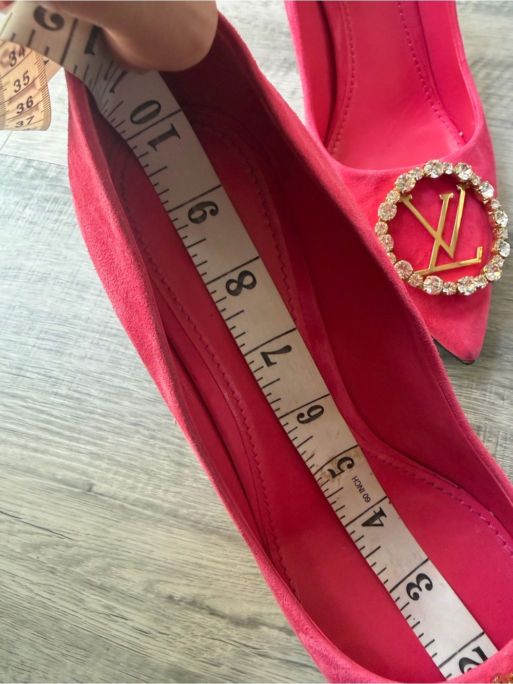 Louis Vuitton Pink Suede Pointed-Toe Heels with Crystal LV Emblem - Picture 13 of 14